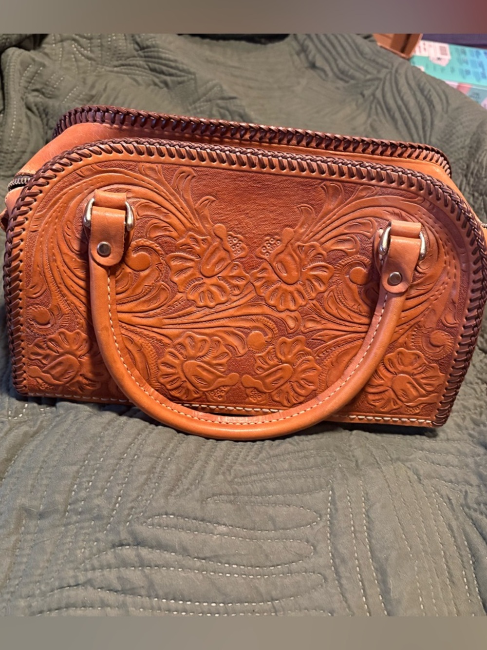 Hand-Tooled Leather Satchel Bag in Cognac